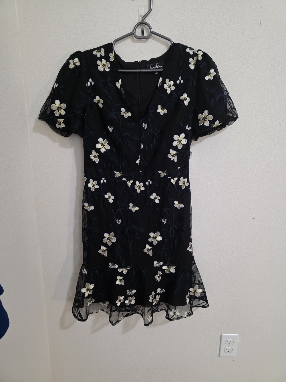 Sam Edelman Black Short Dress with Cream Floral Embroidery